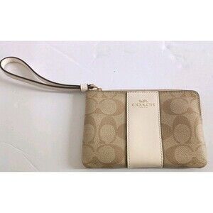 Coach F88913 Leather Zip Wallet in Signature Canvas  Khaki White Logo Strap